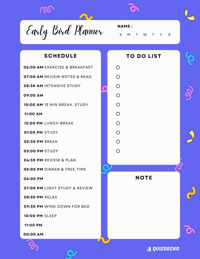 The Early Bird study schedule in a downloadable format