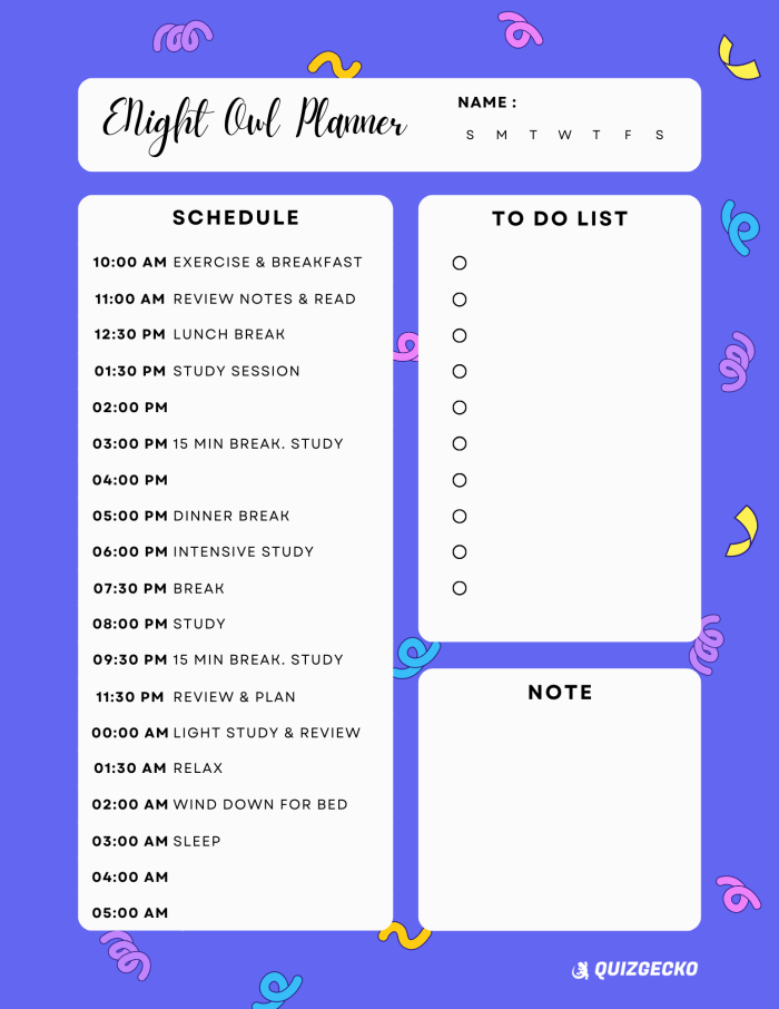 The Night Owl study schedule in a downloadable format