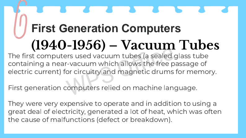 What are first generation computers and their characteristics?